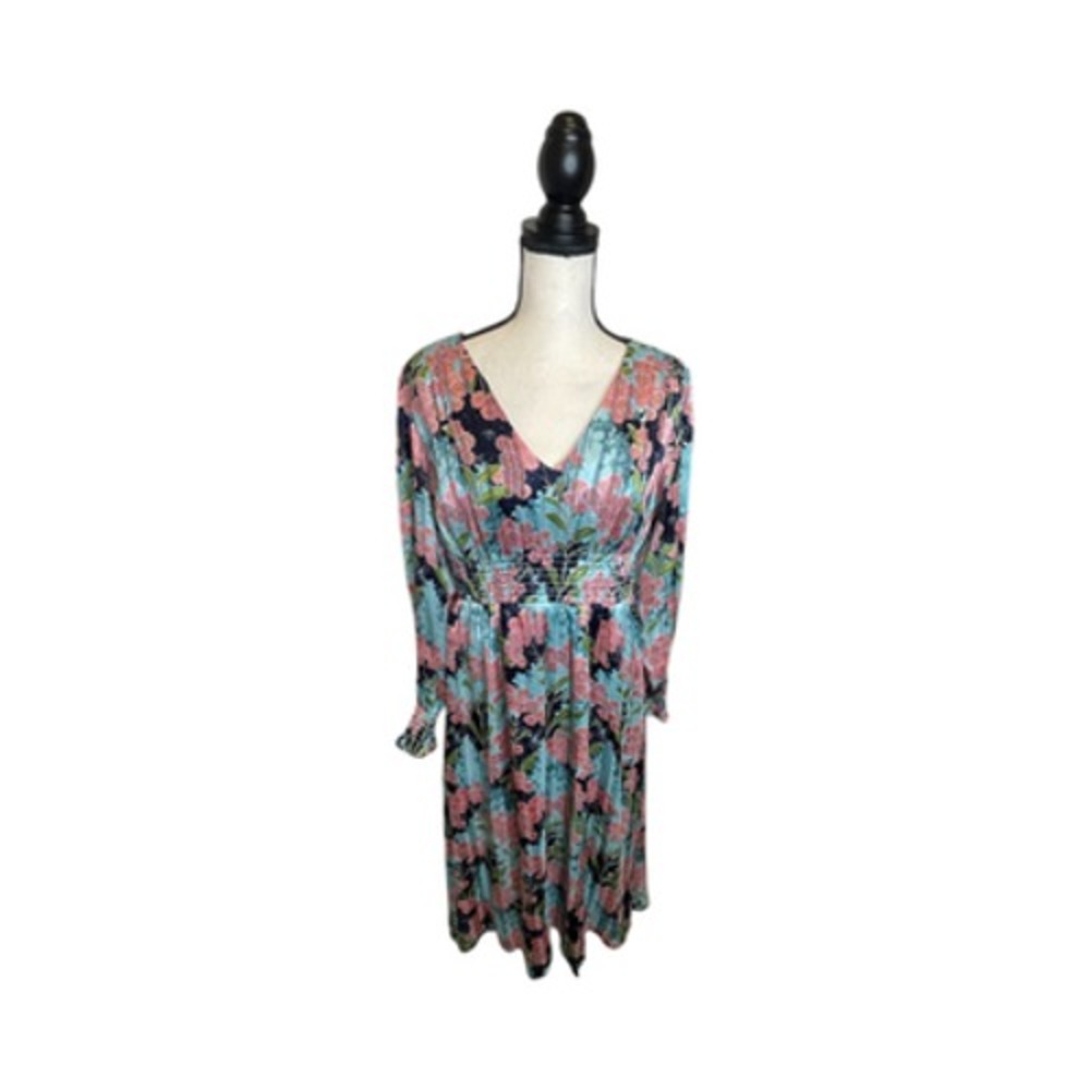 & Other Stories Floral V-Neck Long Sleeve Maxi Dress Pink Blue Smocked Bohemian